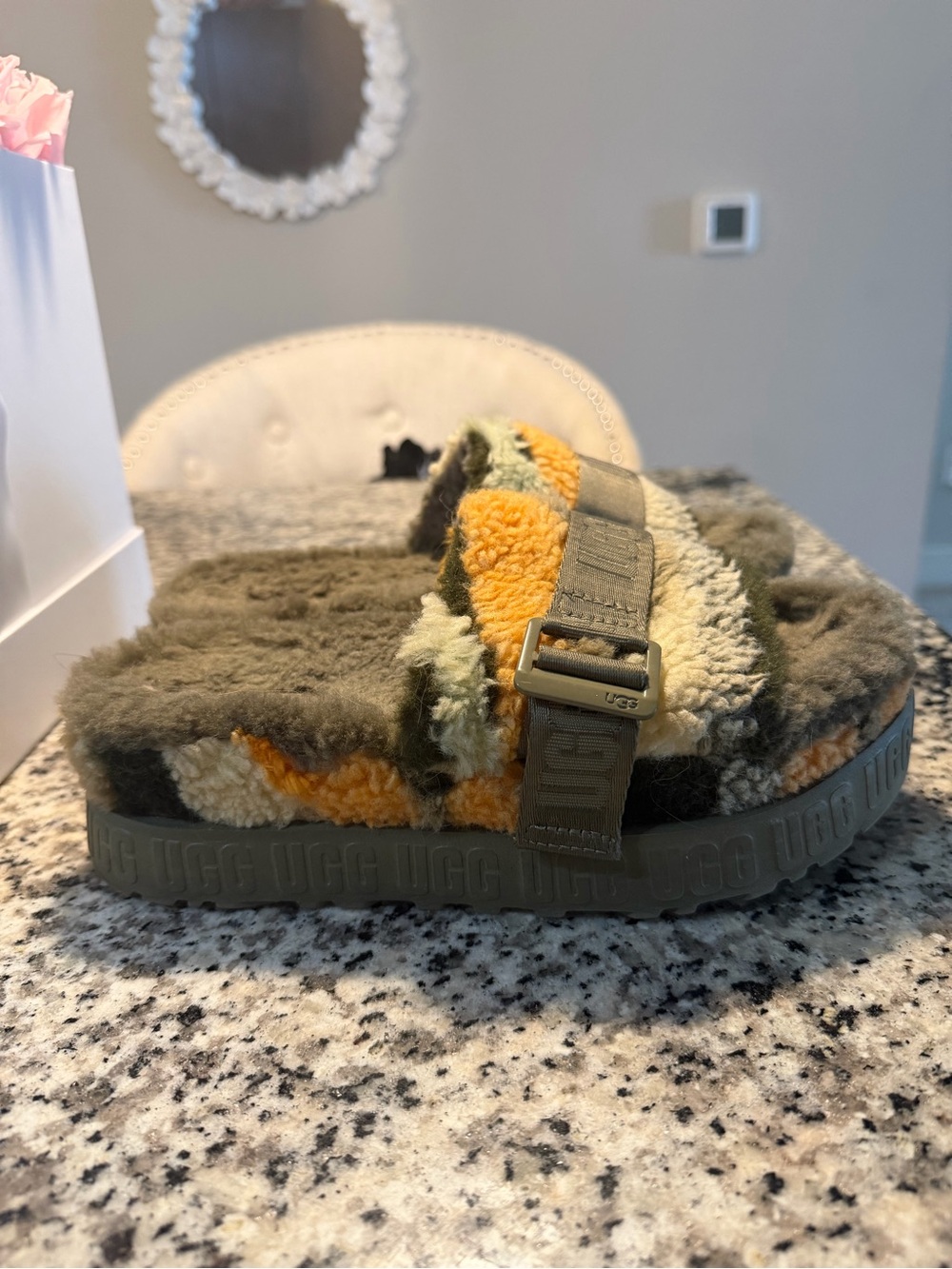 UGG Multicolor Shearling Slide with Olive Strap